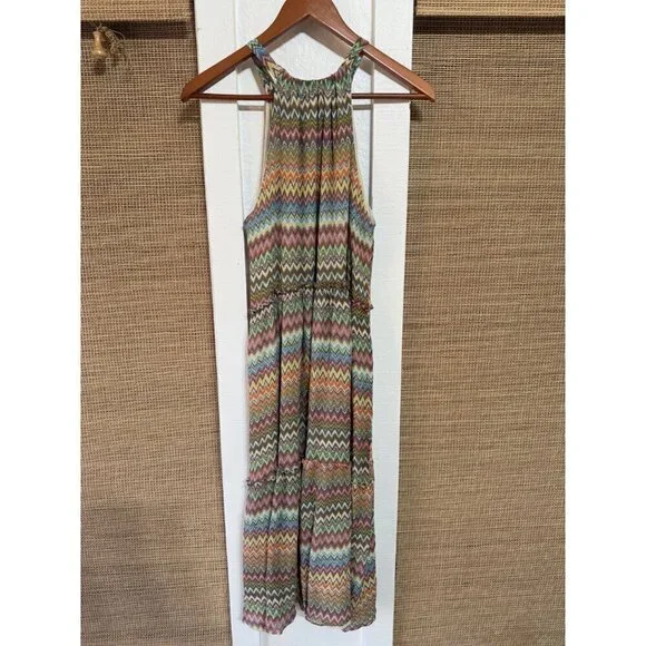Sundance Women's Halter Chevron Silk Chiffon Midi Dress Size XL